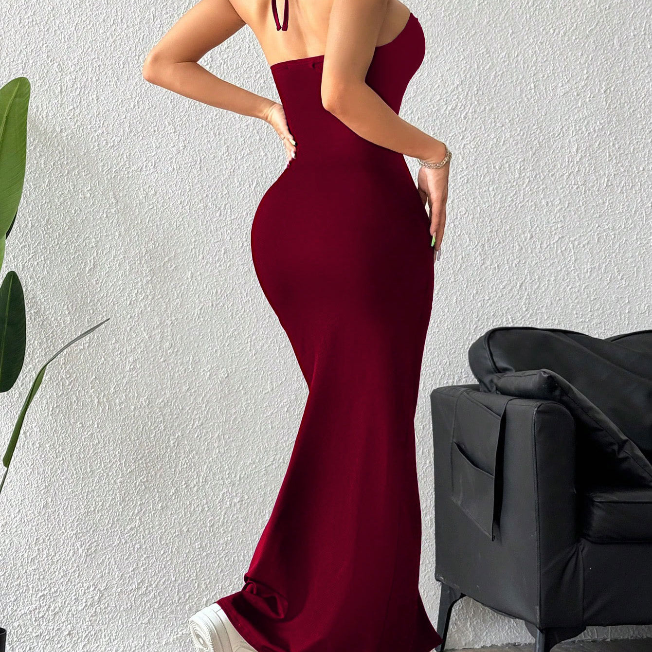 Burgundy halter maxi dress from Enchanting Slim Fit Maxi Dress collection, perfect for fashion enthusiasts