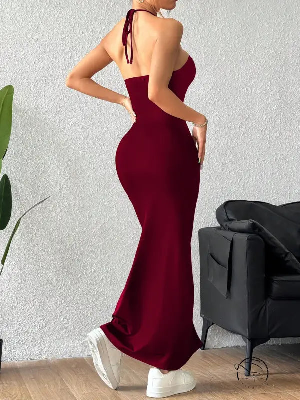 Burgundy halter maxi dress in enchanting slim fit fashion