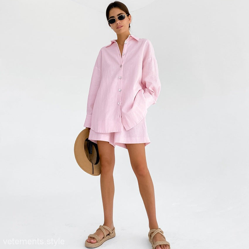 Pink linen shorts set from the Cotton Linen Pajamas collection, stylish pajamas two piece