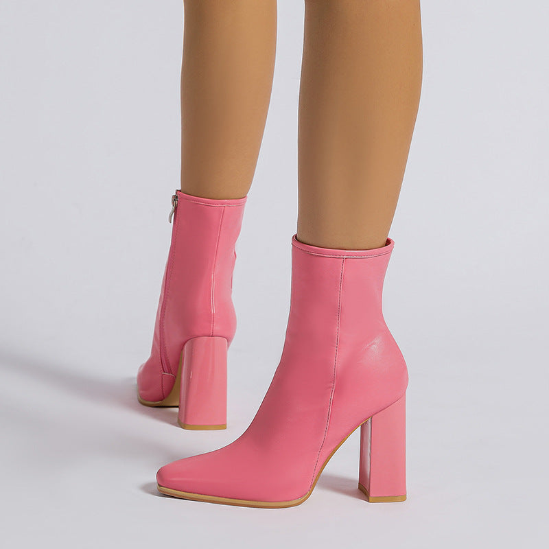 Pink high-heeled ankle boots named Winter Fruit Pink Middle Boots for fashion-forward styles