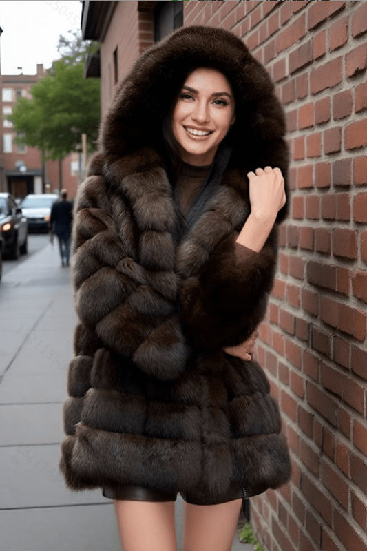 Luxurious dark brown faux fur Langry hooded coat