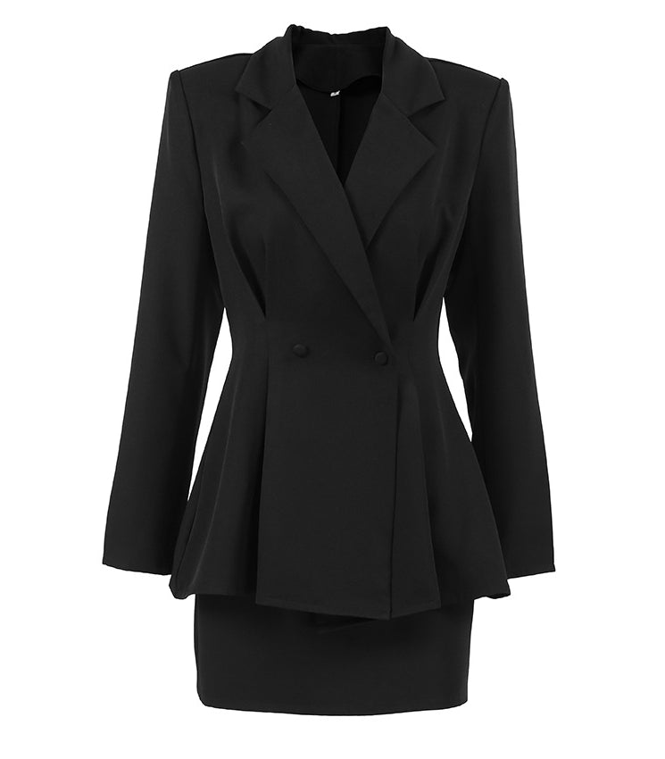 Langry black double-breasted blazer with peplum hem in elegant fashion set