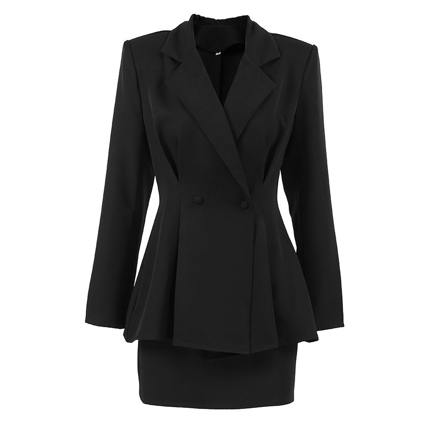 Langry black double-breasted blazer with peplum hem in elegant fashion set