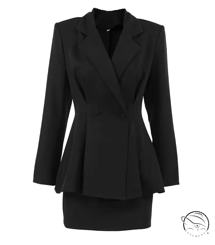 Langry black double-breasted blazer with peplum hem in elegant fashion set