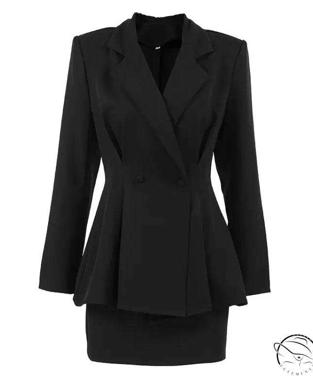 Langry black double-breasted blazer with peplum hem in elegant fashion set