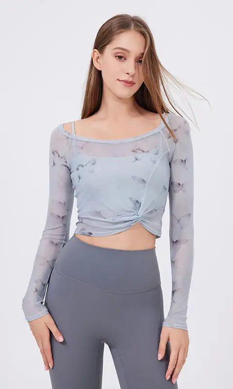 Floral Butterfly Faux Two Piece Sports t Shirt Women Long Sleeve with Chest Pad Yoga Clothes Mesh Top Quick Drying