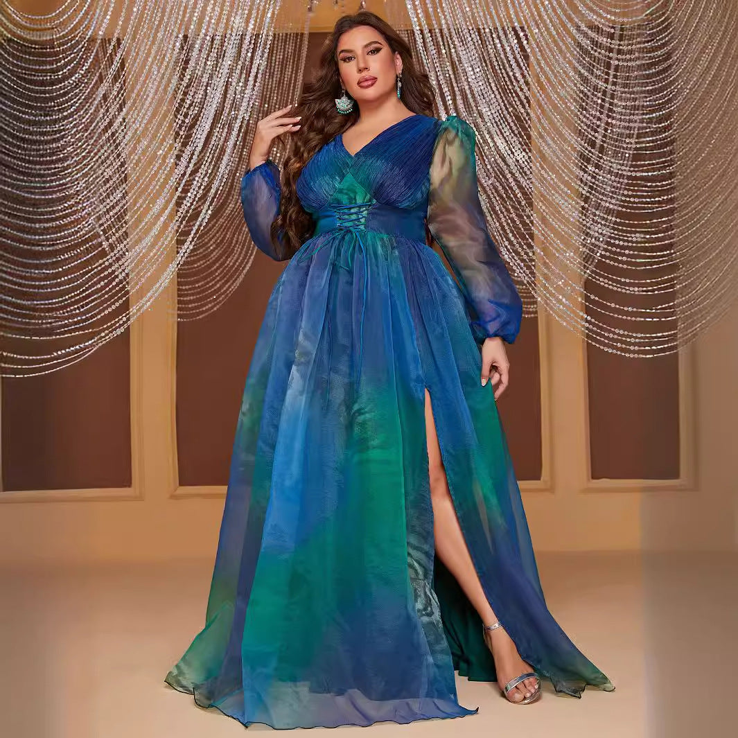 Elegant Peacock Blue Tight Waist Split Dress in blue and green ombre sheer organza for fashion and ملابس enthusiasts
