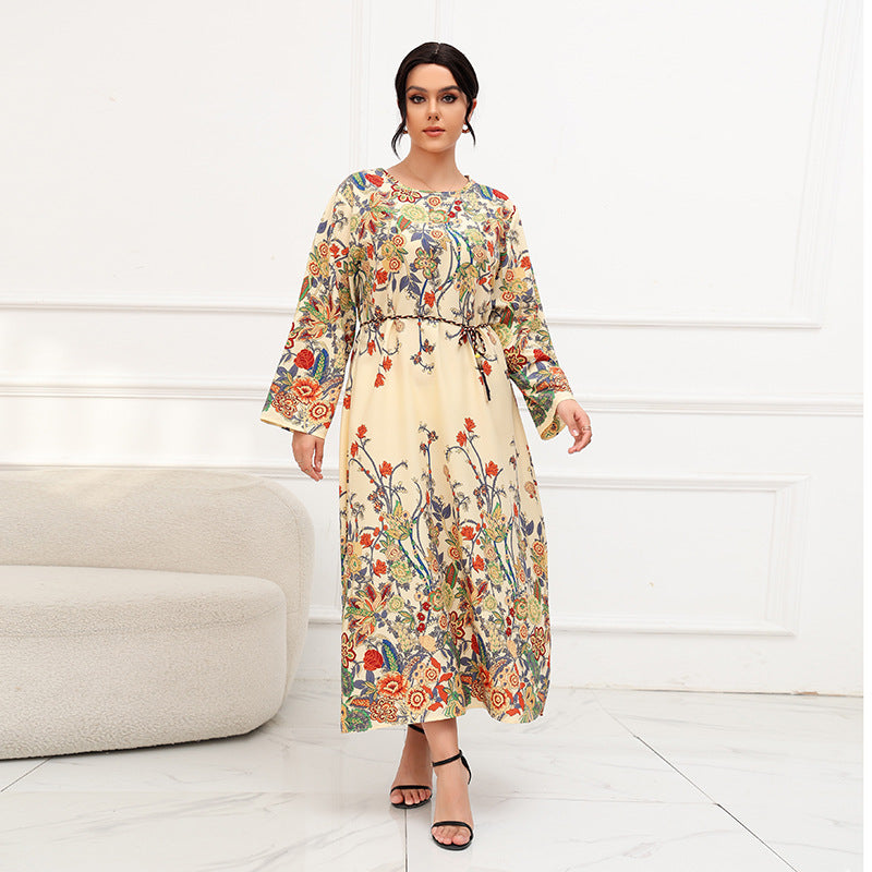 Ethnic Loose Maxi Dress Cashew Printed Long Sleeve