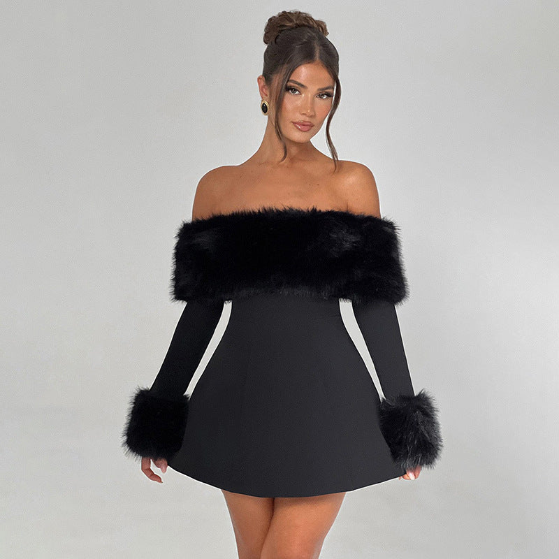 Black off-the-shoulder dress with fur trim, perfect for trendy fashion and ملابس styles
