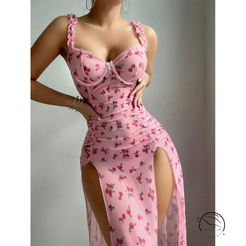 Pink Valentine Day dress with floral print and thigh-high slits