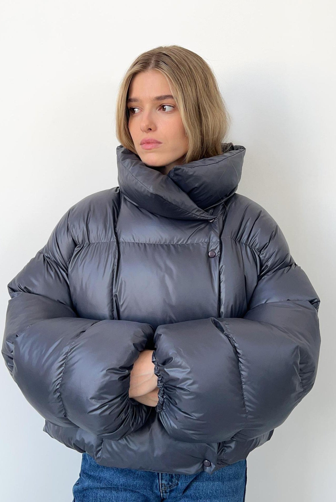 Gray Cotton Padded Jacket with high collar, ideal for stylish winter fashion