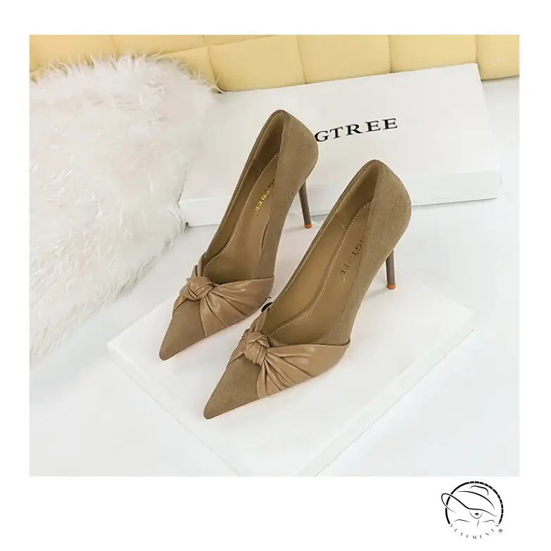 Fashion beige suede stiletto heels with bow detail, langry fashion