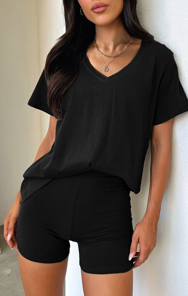 Black v-neck t-shirt and shorts loungewear set from Comfy Daily Set for comfortable fashion