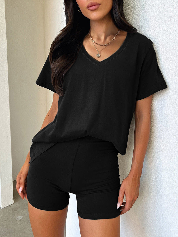 Black v-neck t-shirt and shorts loungewear set from Comfy Daily Set for comfortable fashion
