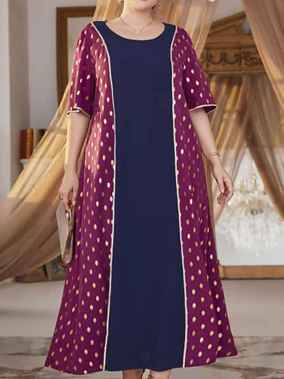 Comfy high waist elastic dress with navy and magenta panels, gold polka dots, and white trim