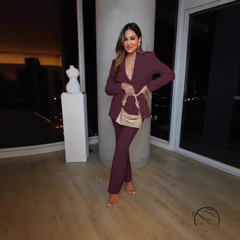 Woman in plum casual professional pants two piece set