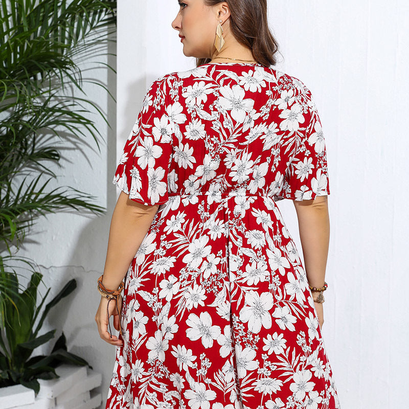 Red and white floral print Casual V Neck Loose Dress, ideal for langry fashion styles