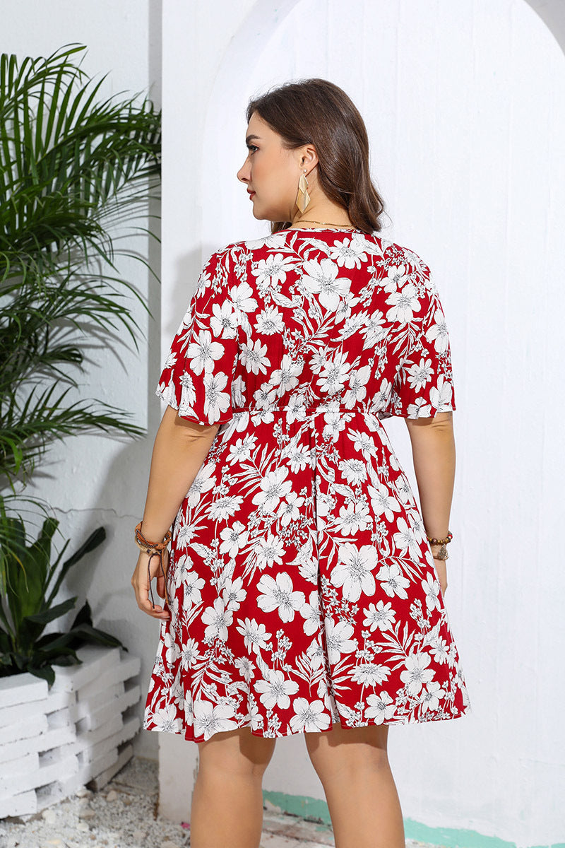 Red and white floral print Casual V Neck Loose Dress, ideal for langry fashion styles
