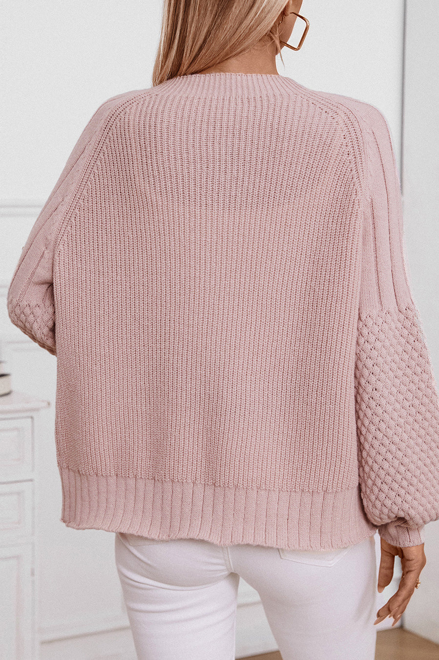 Pink knit cardigan casual loose lantern sleeve sweater for stylish comfort