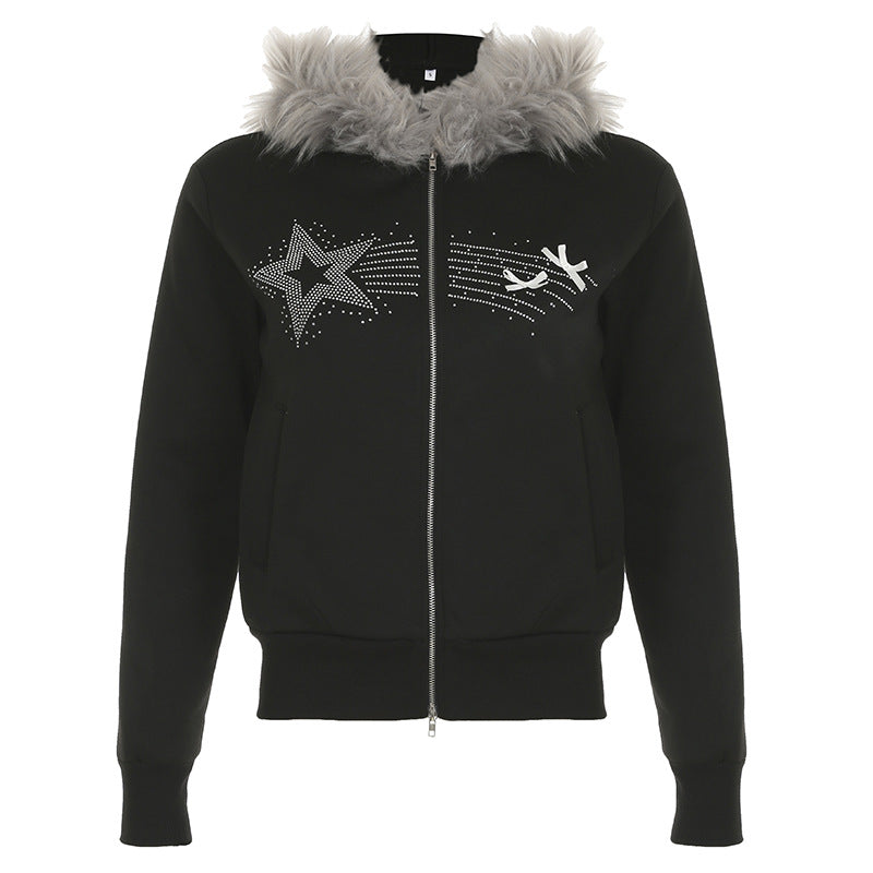 Black hooded fashion jacket with faux fur trim and rhinestone star design, ملابس style