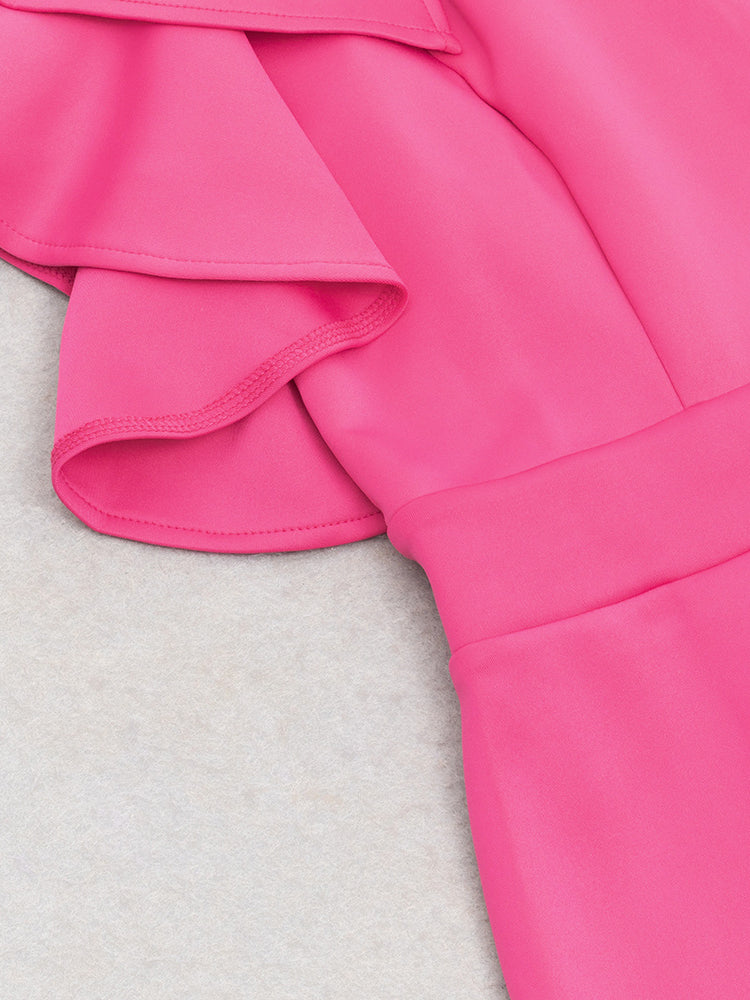 Close-up of vibrant fuchsia elegant shoulder ruffled cocktail dress with banded waist
