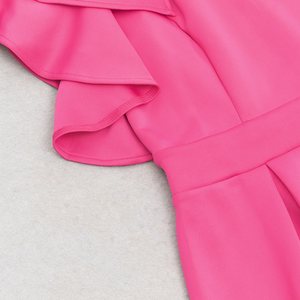 Close-up of vibrant fuchsia elegant shoulder ruffled cocktail dress with banded waist