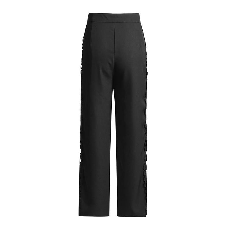 Black wide-leg pants with side lace-up detail from French Artistic Palace Embroidery Jumpsuit, stylish langry fashion ملابس