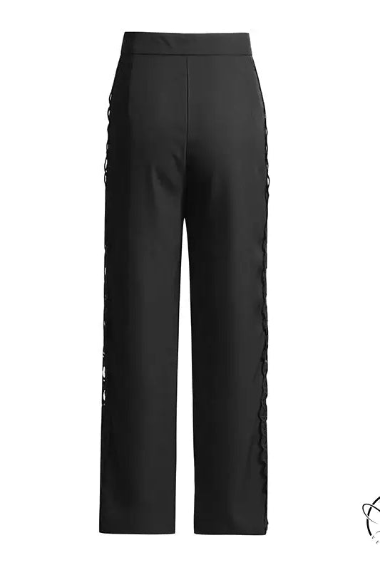 French artistic palace embroidery jumpsuit with black wide-leg pants and side lace-up detail
