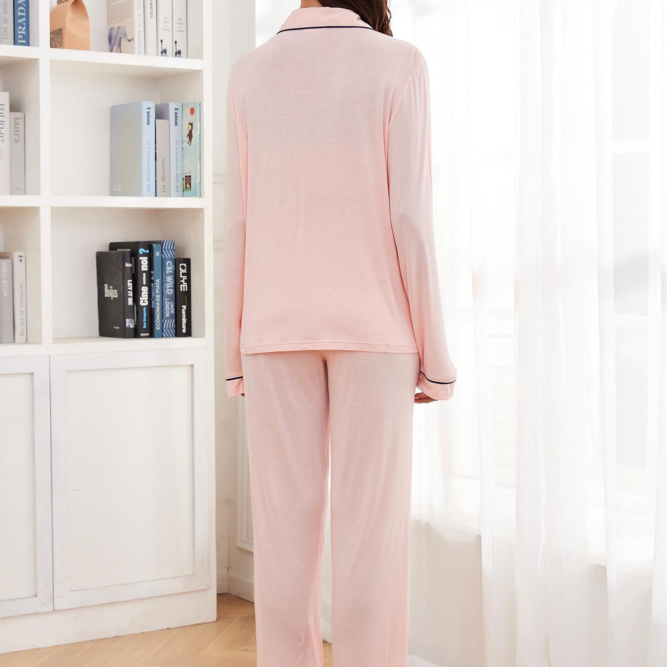 Pink long-sleeved pajama set with black piping for women, stylish langry fashion ملابس