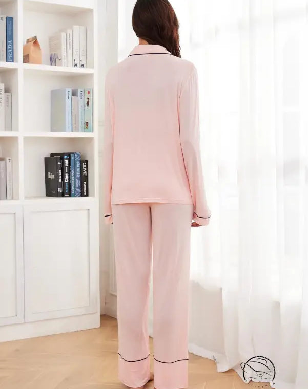 Pink long-sleeved modal pajama set with black piping for women fashion