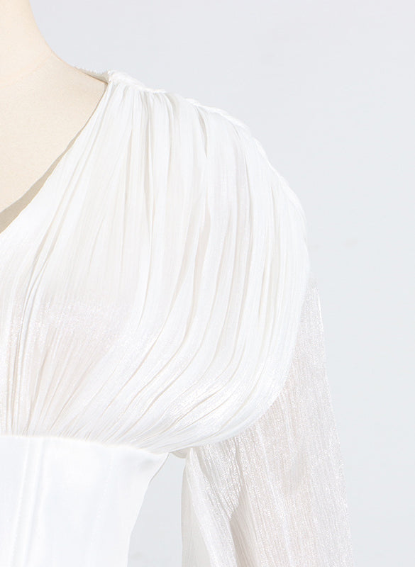 Langry fashion white pleated blouse with ruffled sleeves and V-neckline