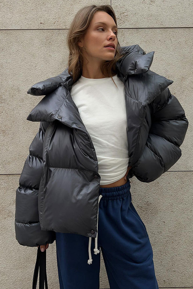 Shiny gray puffer jacket from Langry, stylish and warm ملابس for winter fashion