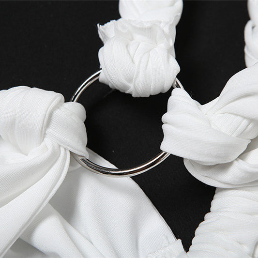 White fabric straps knotted around silver ring on Summer Backless Slit Stitching Dress women