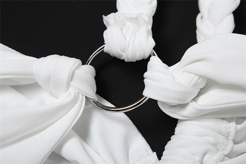 White fabric straps knotted around silver ring on Summer Backless Slit Stitching Dress women