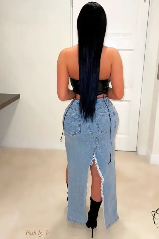 Stunning hip stretch denim long skirt with long straight black hair and back slit