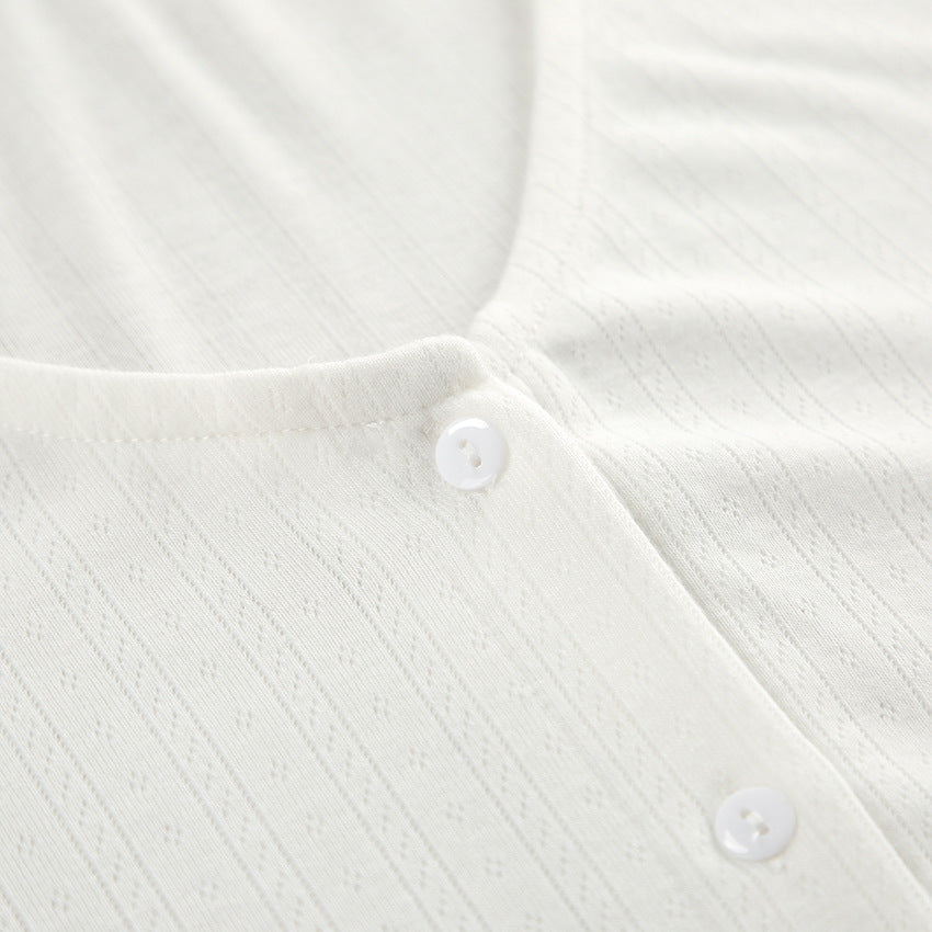 White button-up knit top from Knitted Cardigan Shorts Homewear Sets, stylish and comfortable fashion piece