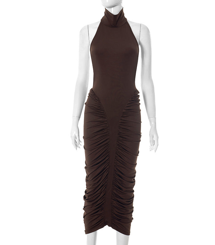 Elegant langry brown ruched halter dress with high neckline