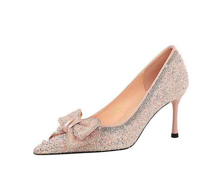 Rose gold Langry fashion stiletto pumps with bowknot rhinestone detail