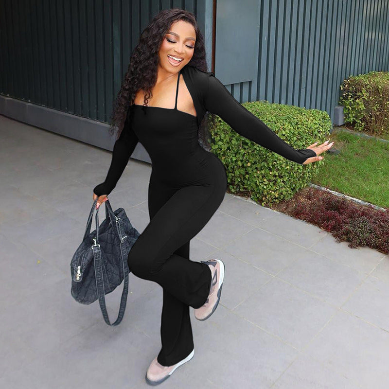 Black jumpsuit with long-sleeve shrug from Casual Tight Jumpsuit Two Piece Set showcasing langry fashion and ملابس elegance