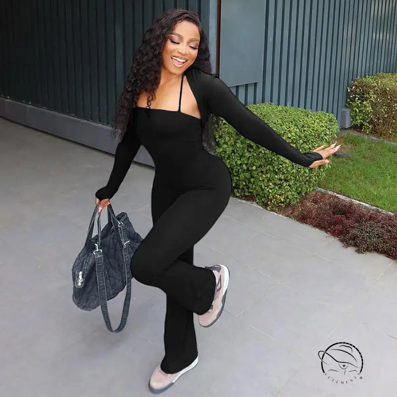 Black casual tight jumpsuit two piece set with long-sleeve shrug