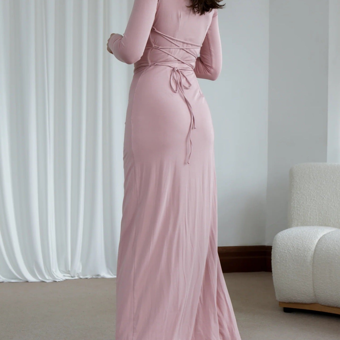 Long-sleeved pink stretch dress with lace-up back from Casual Lace Up collection for fashionable ملابس