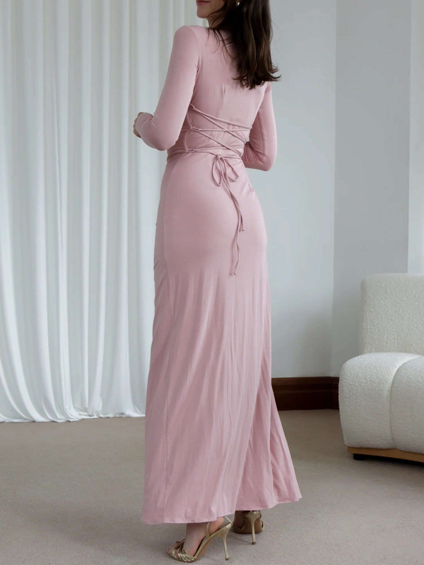 Long-sleeved pink stretch dress with lace-up back from Casual Lace Up collection for fashionable ملابس