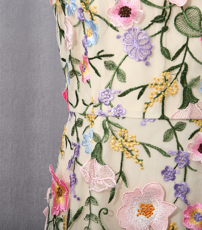 Langry French Elegant Fishtail Hem Mesh Dress in Cream Floral Embroidery