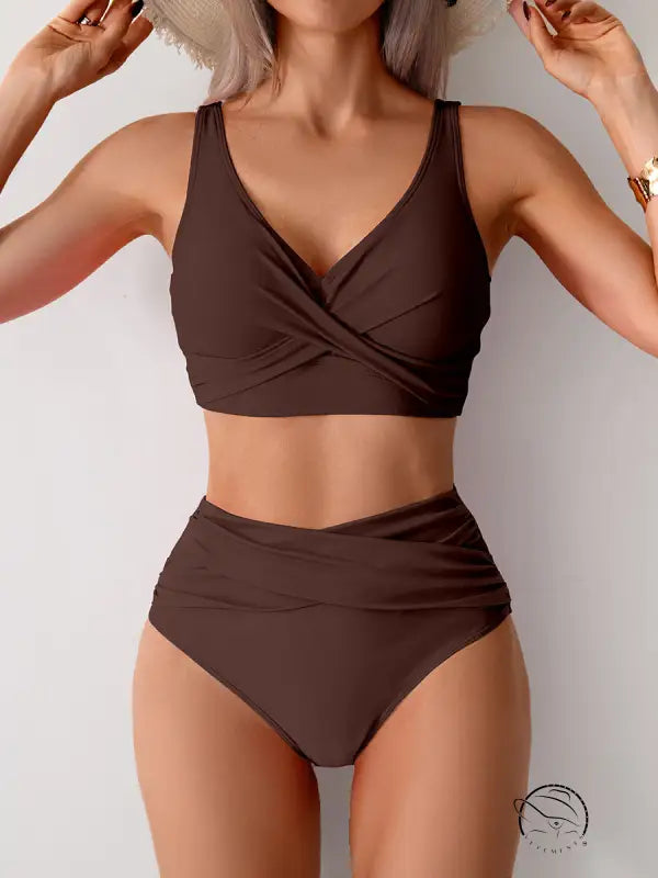 Brown high-waisted bikini in gorgeous split swimsuit