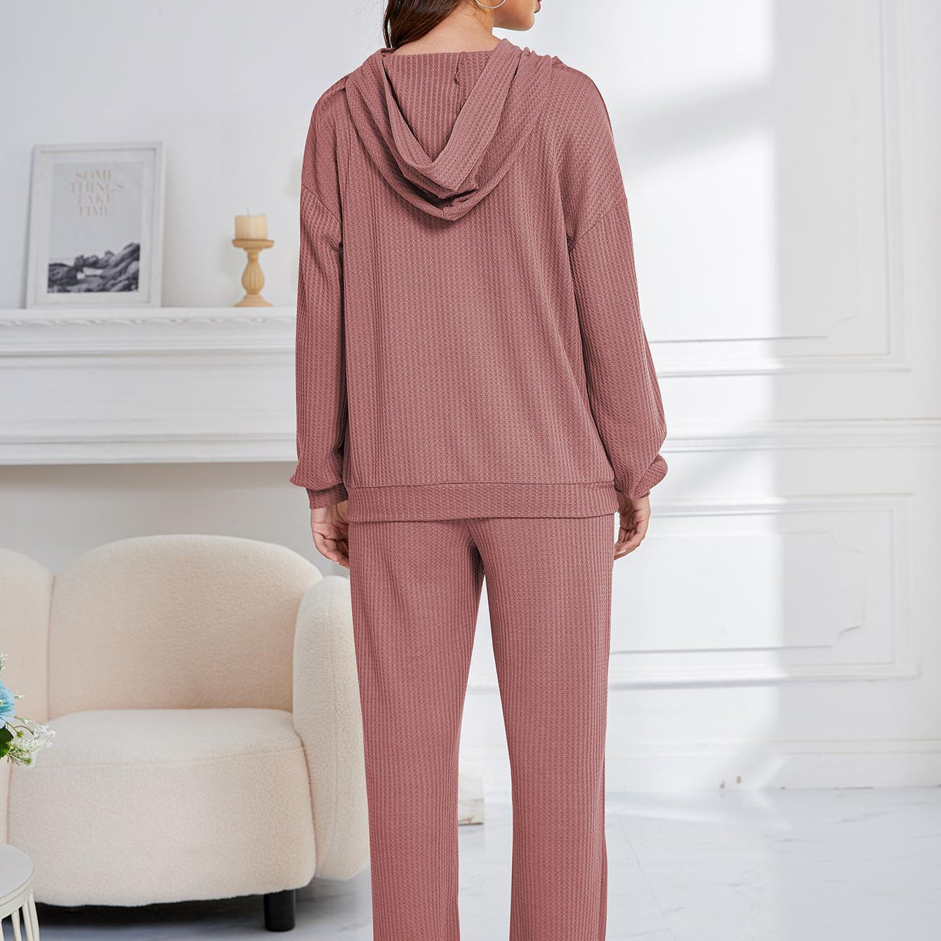 Ribbed knit hooded lounge set for women, stylish ملابس for casual home wear