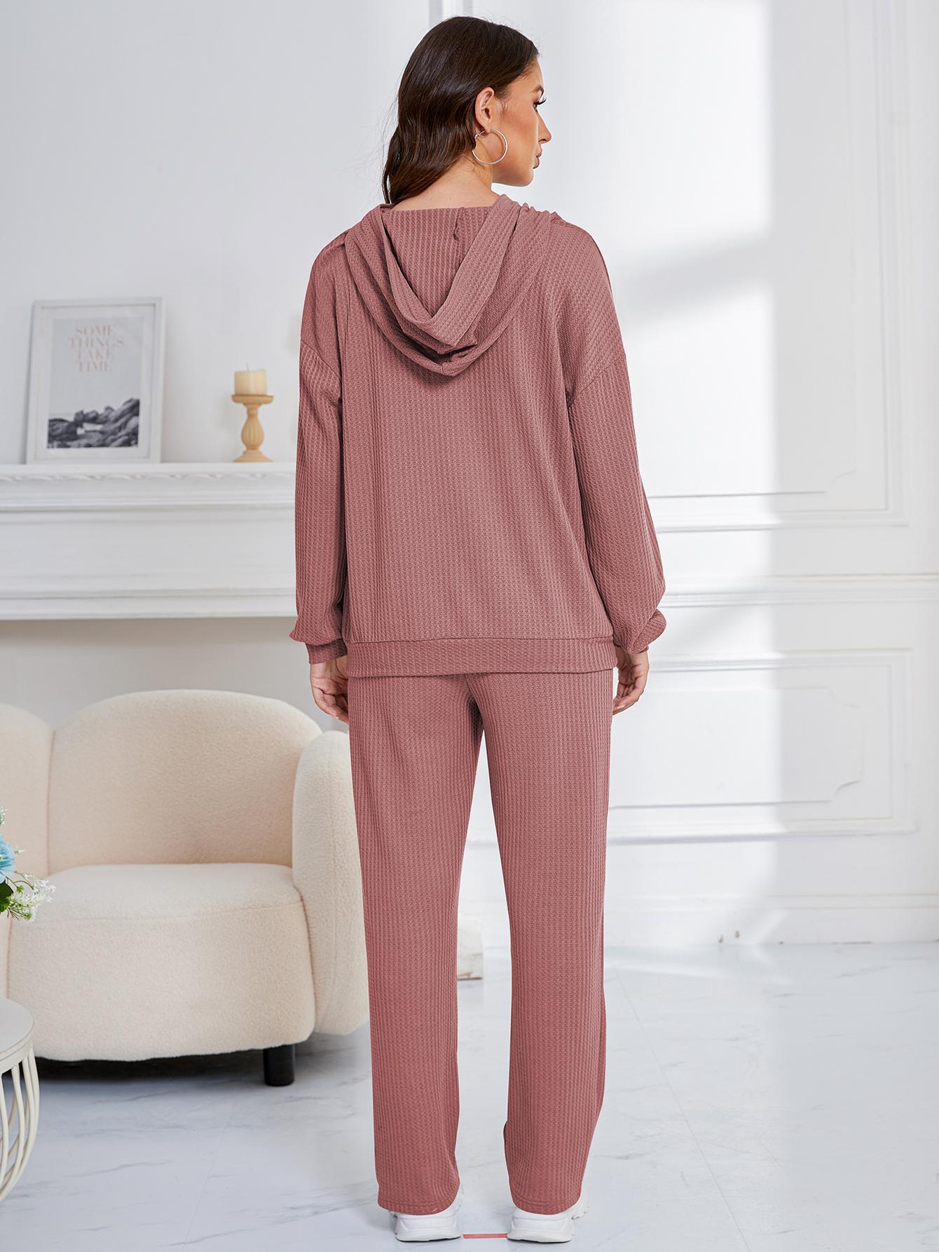 Ribbed knit hooded lounge set for women, stylish ملابس for casual home wear