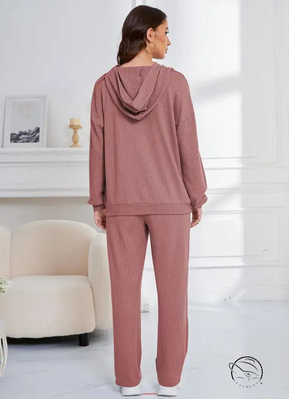 Ribbed knit hooded casual suit for women pajamas lounge set