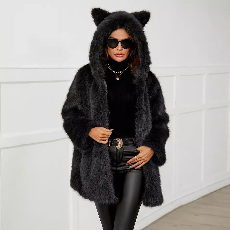Hooded black cat ear faux fur coat with layered necklaces, Langry fashion