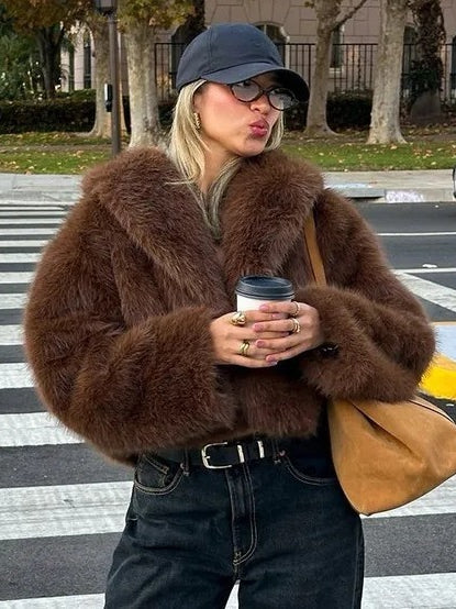 Gorgeous faux fur fox jacket with oversized brown coat, black buttons, belt