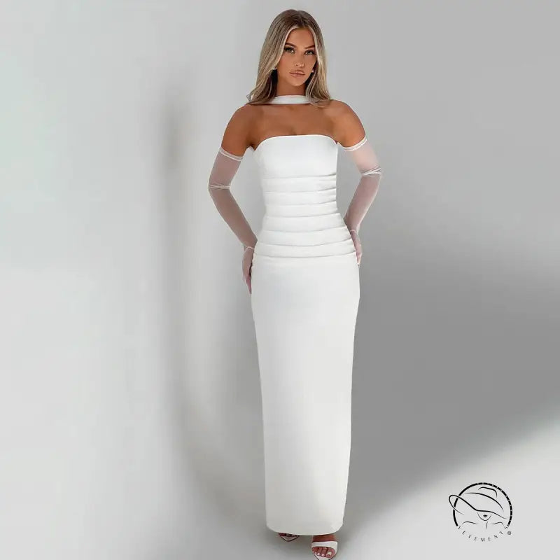 Elegant white strapless langry fashion gown for winter evenings